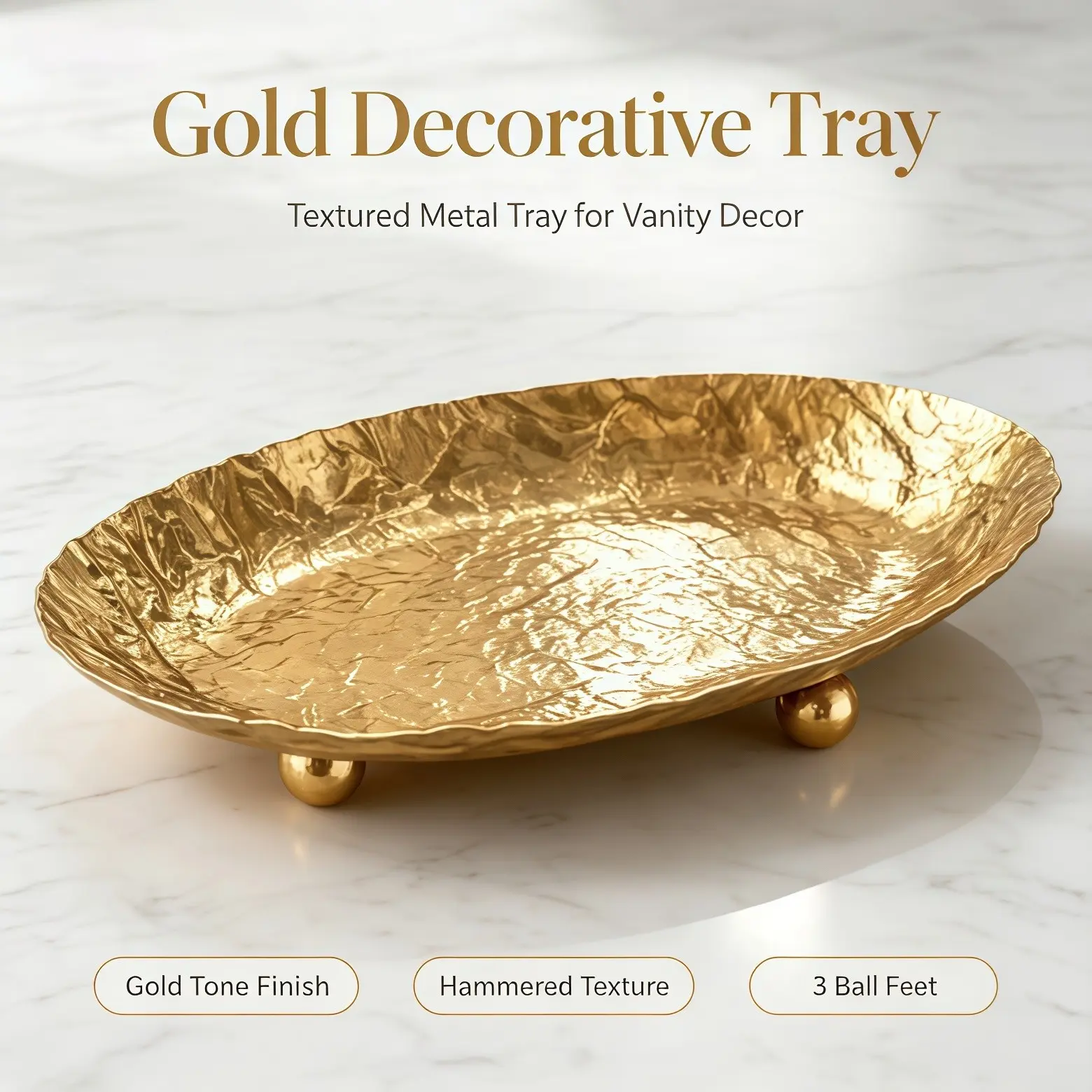 Light Luxury Gold Leaf Texture Cosmetic Tray, Tall Golden Ball Storage Tray, Dresser Organizer for Lipstick, Blush & Makeup Brushes, Decor Ornament for Jewelry & Aroma Candles in Bathroom