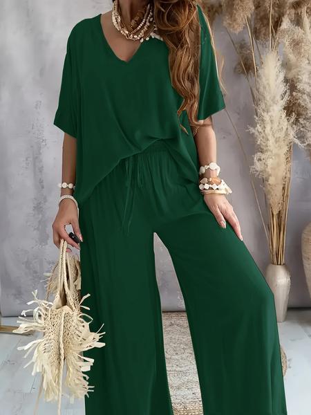 Women's V Neck Short Sleeve Loose Knit Wide Leg Pants Set, Casual Home Wear Two-Piece, Comfortable and Stylish Clothing