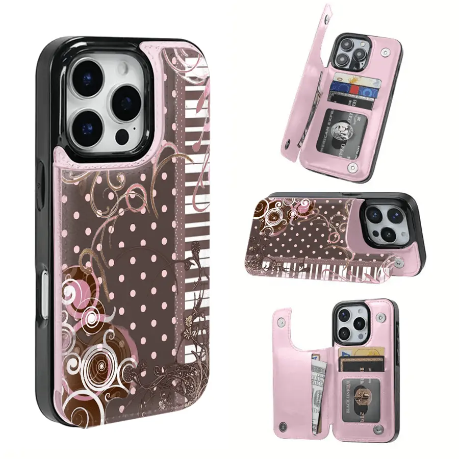 Features a vintage scrolling vine and zither-inspired pattern; made from durable TPU; includes card slots for banking and transit cards; compatible with iPhone (17, 16, 15, 14, 13, 12 series), Samsung, and other models.
