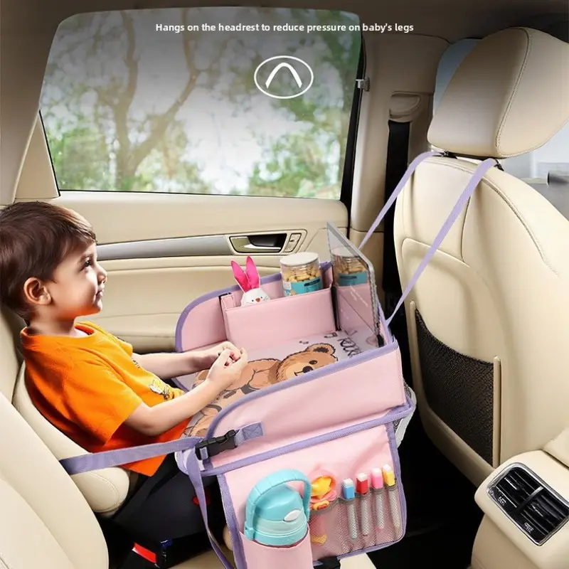 Car Seat Travel Tray, Waterproof Easy Clean, Tablet Stand, Cup Holder, Mesh Storage, Adjustable Straps, Ideal for Road Trips, Strollers, Airplanes