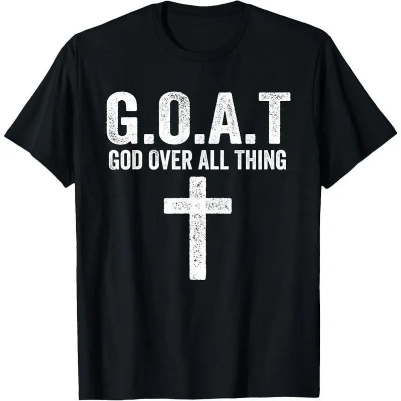 Religious Print T-Shirt for Women, G.O.A.T. God Over All Things Graphic, 100% Cotton Classic Fit Short Sleeve Top for Casual Church Wear, S, Small, Unisex, Short Sleeve Tops, Distressed Look, G.o.a.t. Cross
