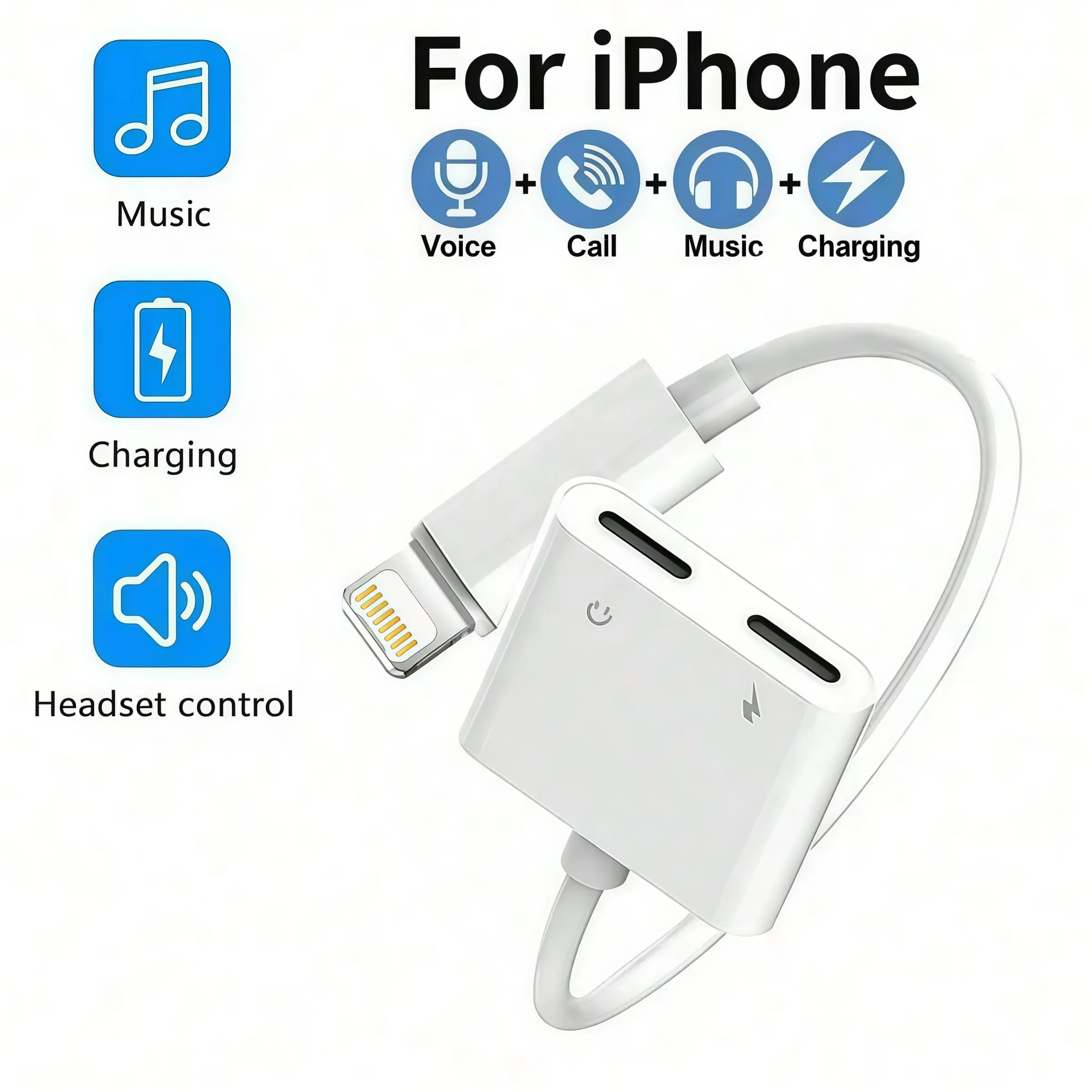 Lightning to Dual Lightning Adapter, 2-In-1 Headphone Adapter, Audio and Charging Splitter, Compatible with iPhone 14, 13, 12, 11 Pro, Max, Plus, XS, XR, 8, 7