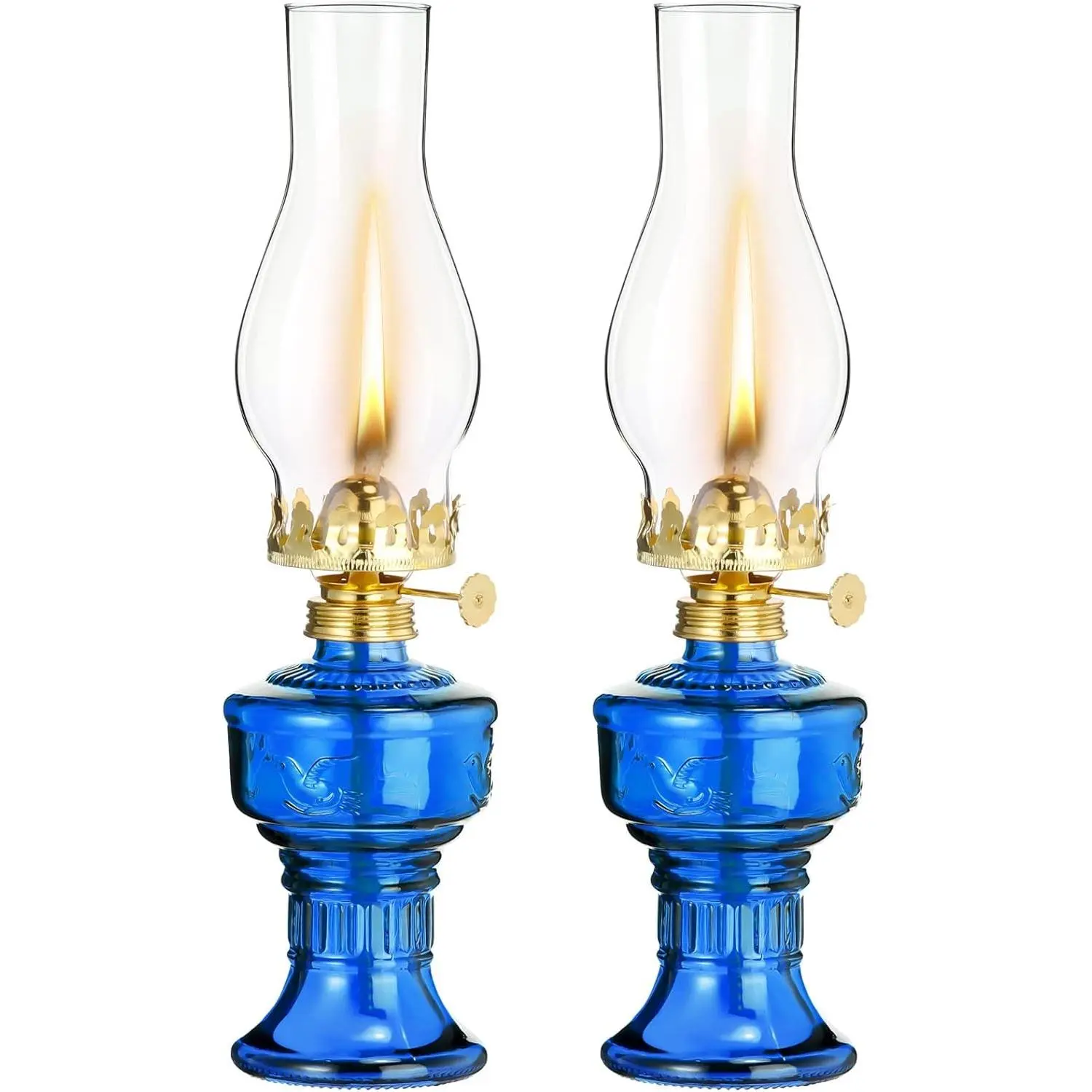 Vintage Rustic 2-Pcs Chamber Oil Lanterns - 13" Indoor Kerosene Lamps with Adjustable Wick for Home Emergency Lighting (Blue)