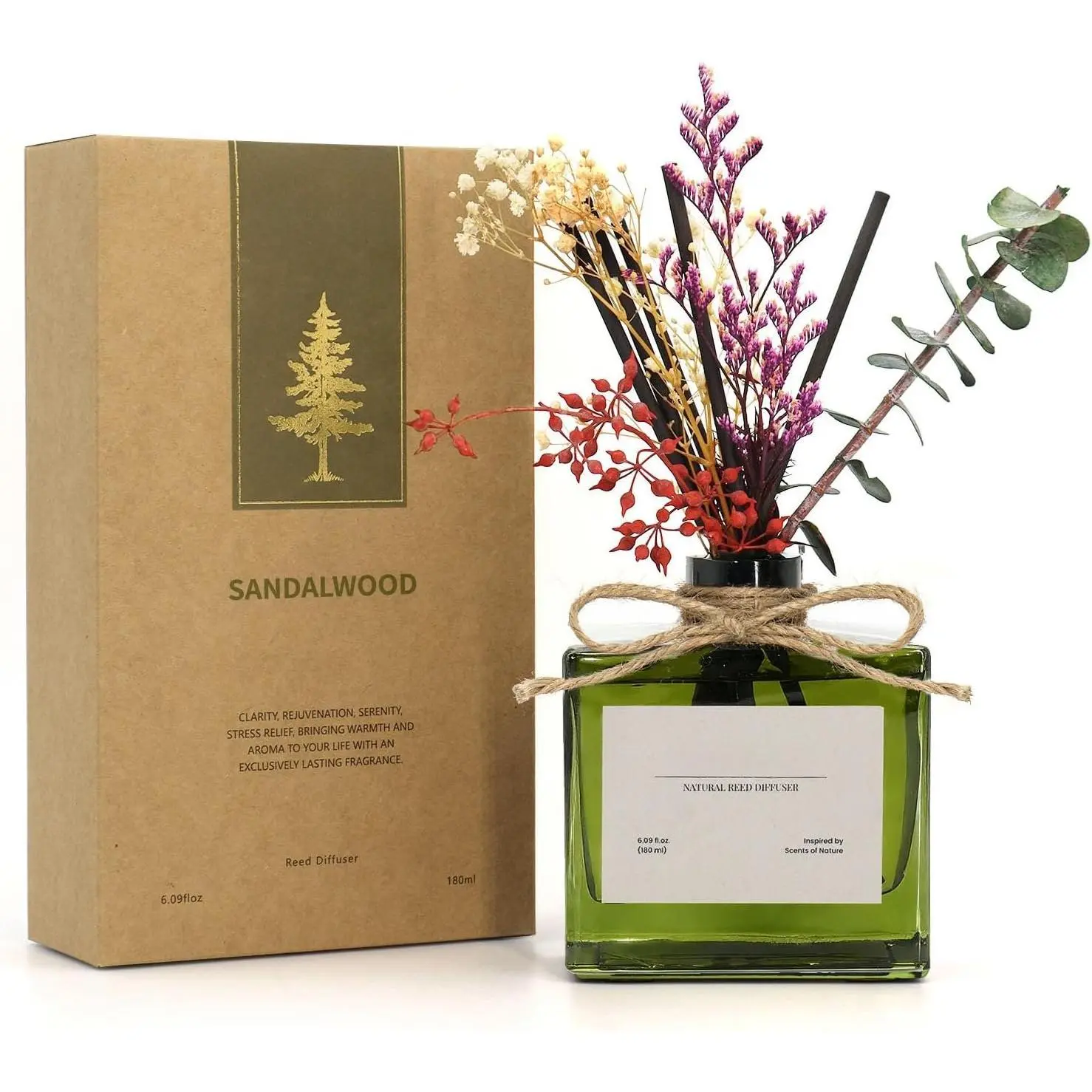 Reed Diffuser, 6.09 oz Earthy Sandalwood Scent Diffuser with Sticks & Dried , 120 Days Long Lasting diffusers for , Elegant  for Bathroom Bedroom Office Decor Air