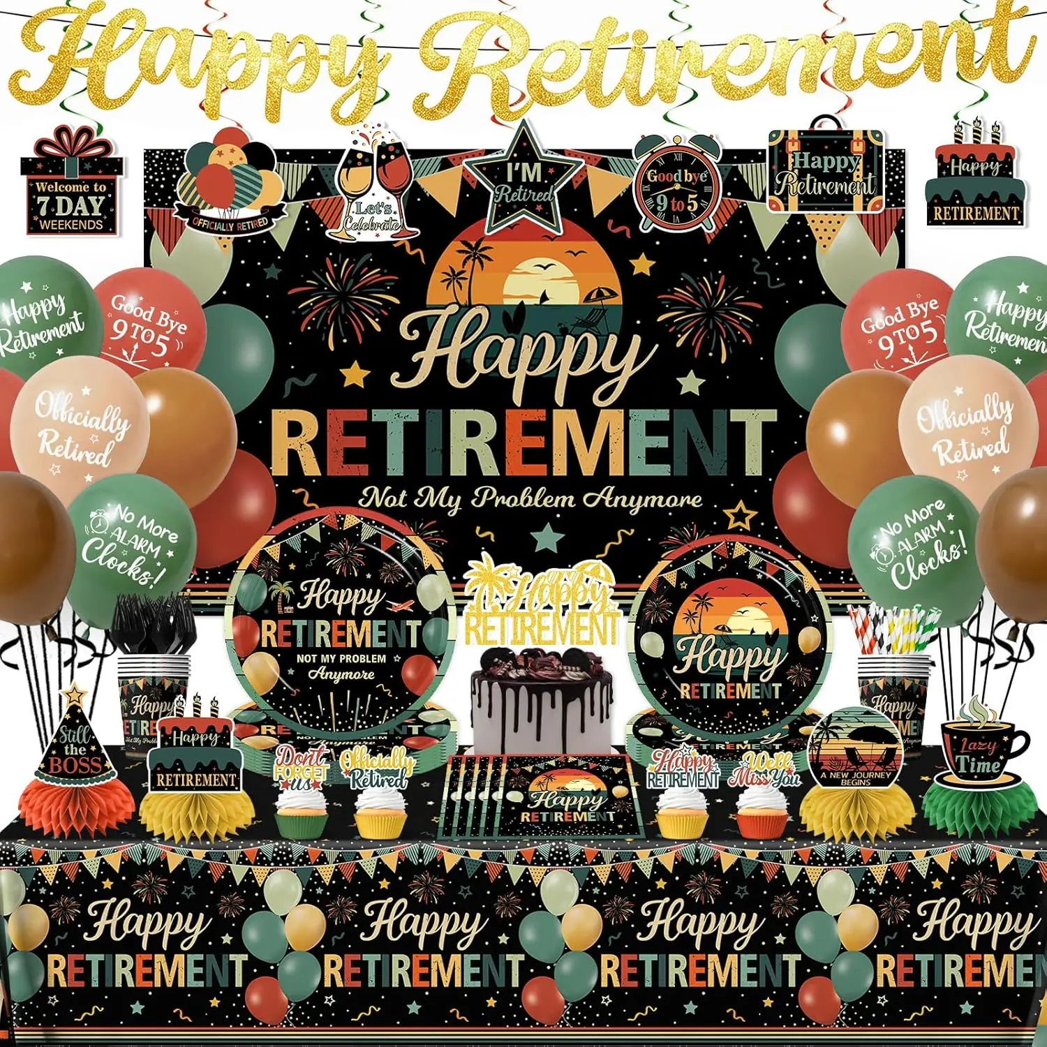 Vintage Theme Retirement Decor Kit - 197Pcs Colorful Party Setup Supplies with Banner, Backdrop, Tableware, Balloons for Women, Men Farewell Celebrations