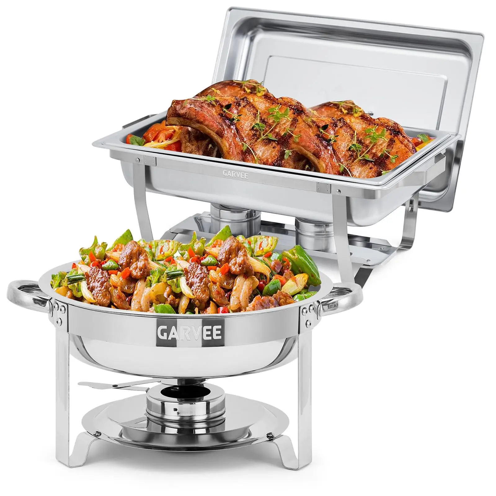 Premium Commercial Chafing Dish Combo – Durable 8Qt Rectangular & 5Qt Round Food Warmers, Complete with Water Pans, Covers & Fuel Holders, Perfect for Banquets, Weddings & Large Gatherings