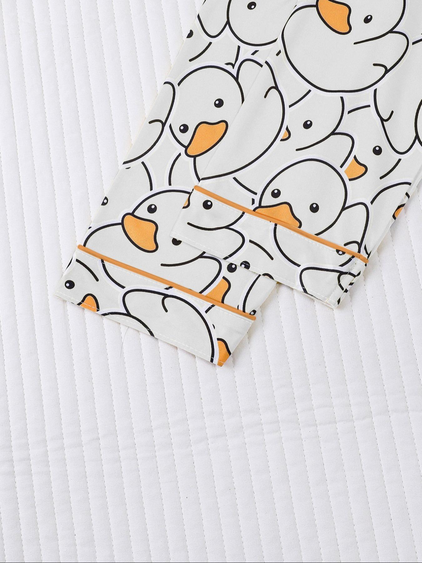 Cute Duck Print Women's Pajama Set, Long Sleeve Shirt Collar Button Soft Top & Loose Elastic Pants Pjs, Casual Home Wear Loungewear