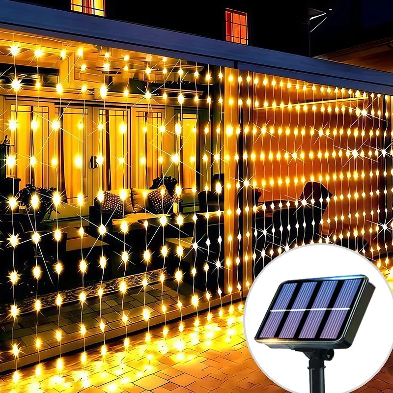 Solar powered curtain lights, eight mode outdoor LED decorative curtain lights, Led Light Up, suitable for courtyard gardens, camping decoration light strings, event celebrations, wedding party decorations, Halloween, Christmas, Thanksgiving atmospheres.