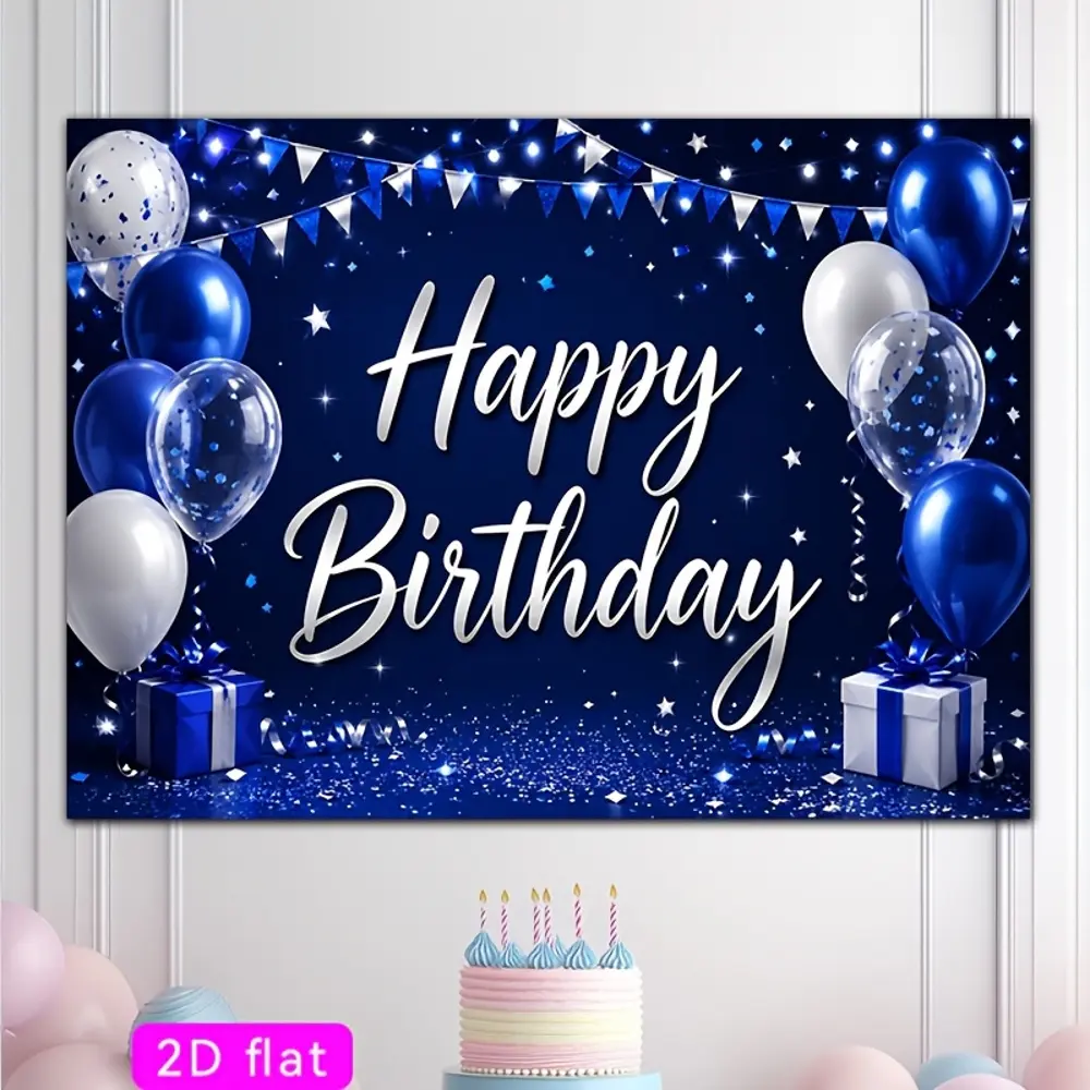 2D Flat Banner HD digitally printed polyester photography backdrop, blue and silver happy birthday theme with balloon and gift details, soft lightweight foldable background cloth for birthday party decoration, product photography,