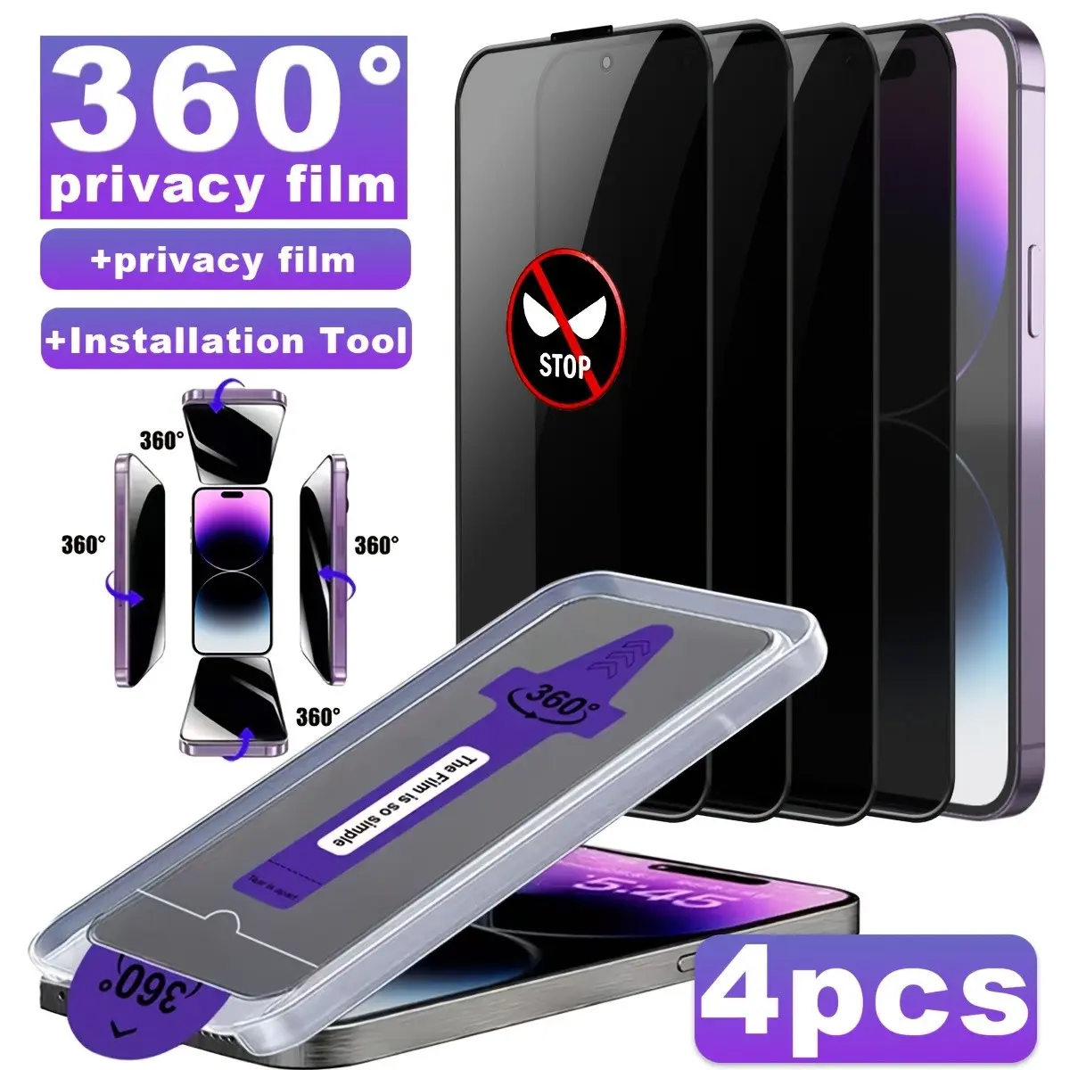 4-Pack 360° Privacy Tempered Glass Screen Protector, Full Coverage, Easy Install, foriPhone 17Pro/17Air/17 Pro Max16/15/14/13/12/11/XS Max/XR/16e/16 Pro Max/16 Pro/16 Plus Series, Anti-Glare, Finger-Resistant