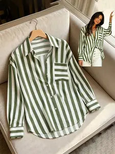 Women's Striped Loose Fit Shirt, Casual Long Sleeve with Pockets, Perfect for Commuting, Vacation, Daily Wear, Versatile Top