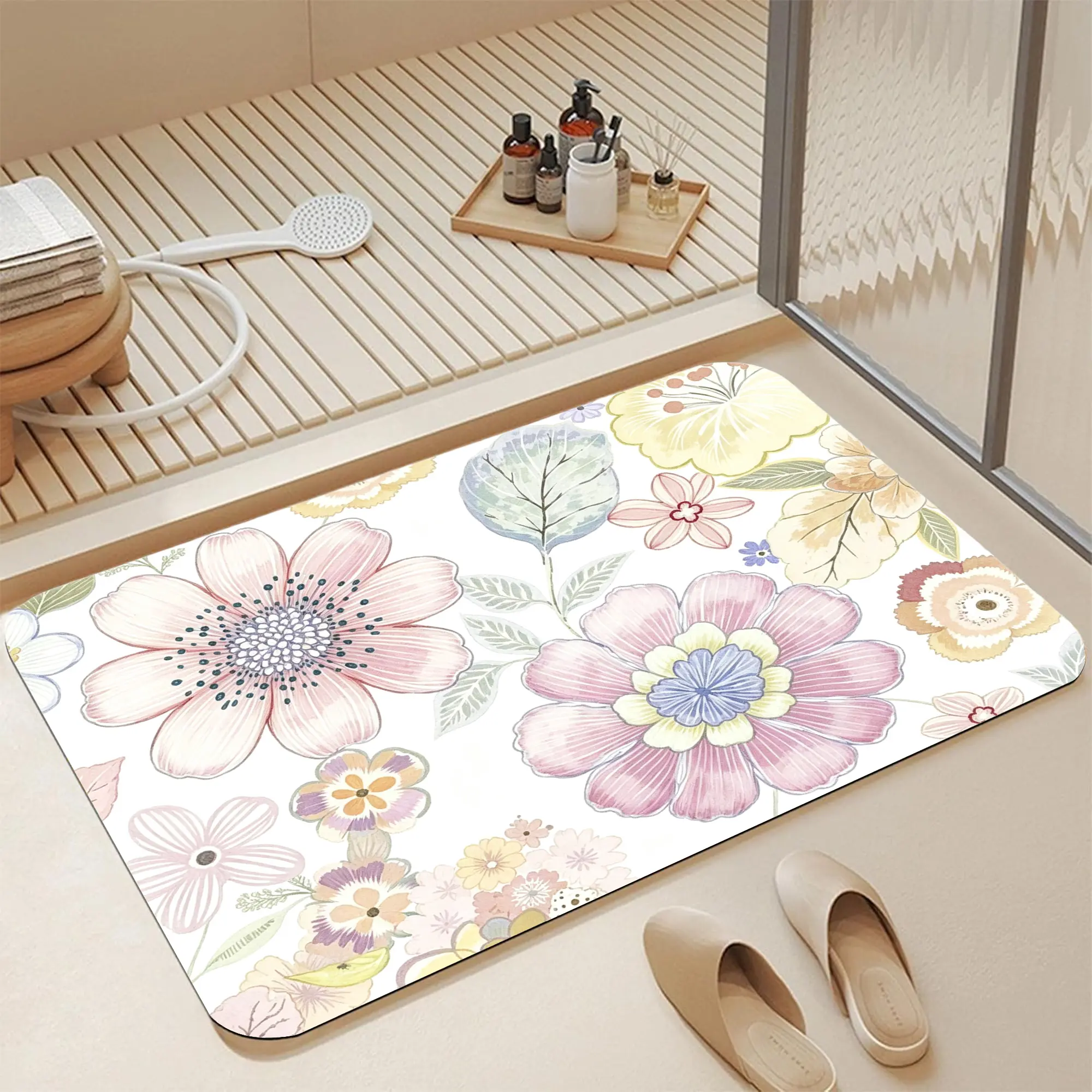 16*24" Soft Blush Pink Large Watercolor Wildflower Botanical Diatomite Bath Mat |   Instant Dry Non Slip Vintage Pastel Multicolor Bloom Leaf Floral Print Diatomaceous Earth Bath Mat Fast Absorbent Romantic Coquette Muted Pastel Garden Flower Diatomite Sh