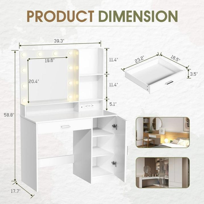 FURMAX Vanity Desk with Lights and Mirror Makeup Vanity Table Set with Cabinet and Power Outlet, White