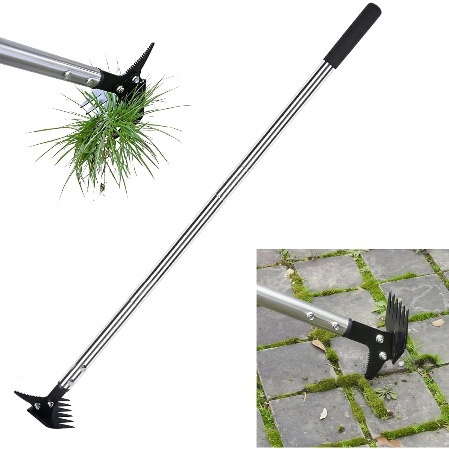 Weed Puller 61" Adjustable Long Handle, 2-in-1 Weed Rake & Crack Weeder with Detachable Head, Stainless Steel Weeding Tool for Lawn, Yard, & Sidewalk Cracks, Weed Remover