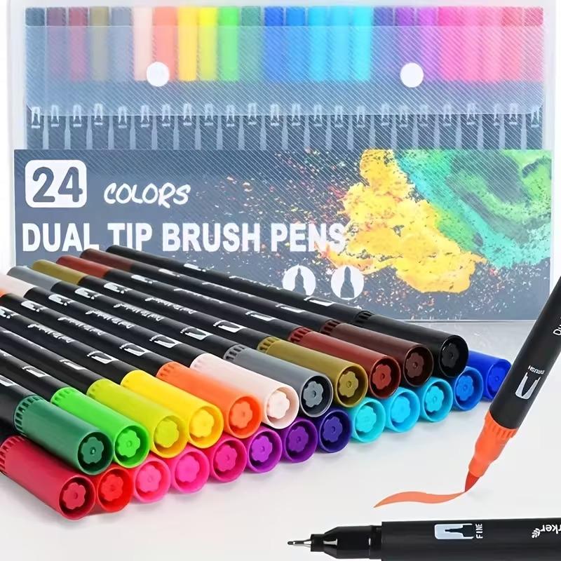 24 Color Aesthetic Dual Tip Markers, Brush & Fine Pen Set for Bullet Journaling, Calligraphy & Planner