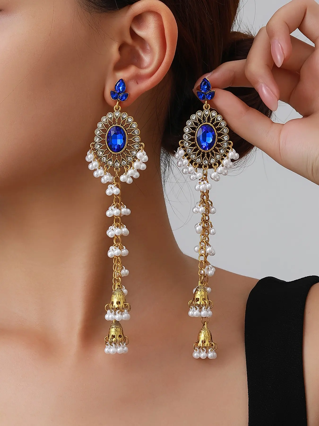 1 Pair Antique Gold Indian Long Jhumka Earrings for Women, Vintage Royal Blue Crystal Sunburst Medallion Double Bell Drop Dangle Earrings with Pearl Tassels, Bollywood Boho Tribal Festival Accessories