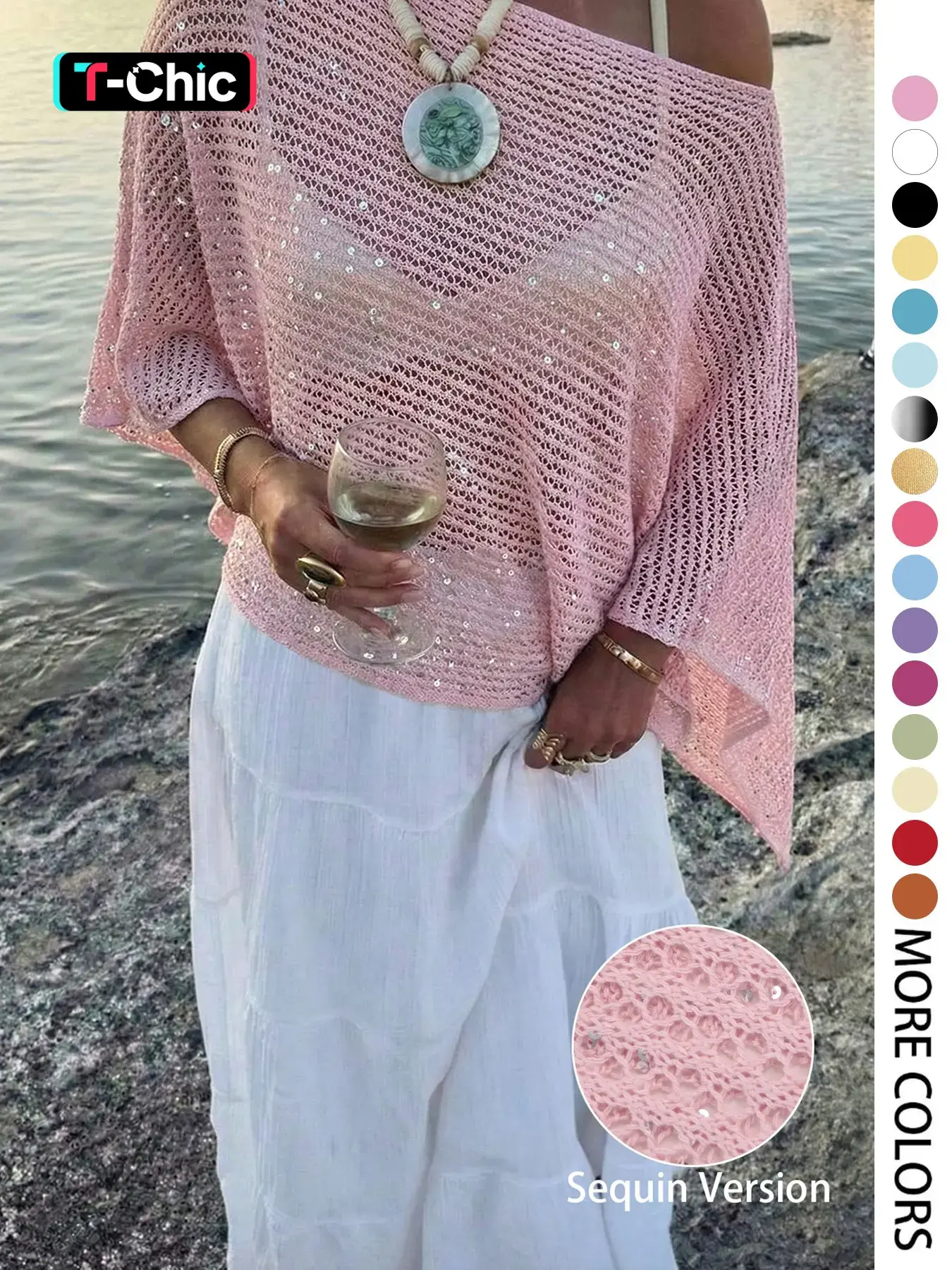 Elegant Women's Spring Summer Fashion Casual Knit Lace Top, Sequin Solid Semi-Transparent Loose-Fitting Pullover Knitwear, Sleeveless Cape