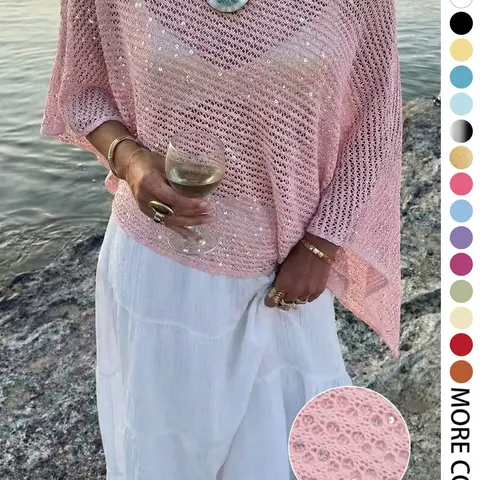 Elegant Chic Women's Spring Summer Fashion Casual Knit Lace Top, Sequin Solid Semi-Transparent Loose-Fitting Pullover Knitwear, Sleeveless Cape