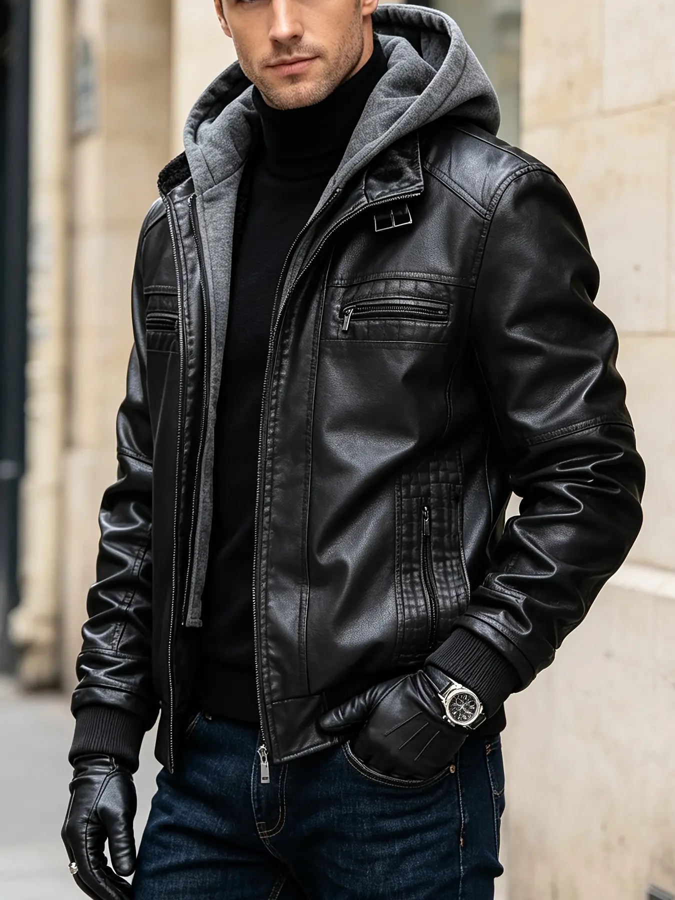 New Arrival Autumn‑winter Men’s Faux‑Leather Hooded Biker Jacket, PU Leather Men’s Faux Two‑Piece Design with Multiple Zipper Pockets, Street‑Trendy Leather Coat, Versatile Outerwear for Work and Daily Wear