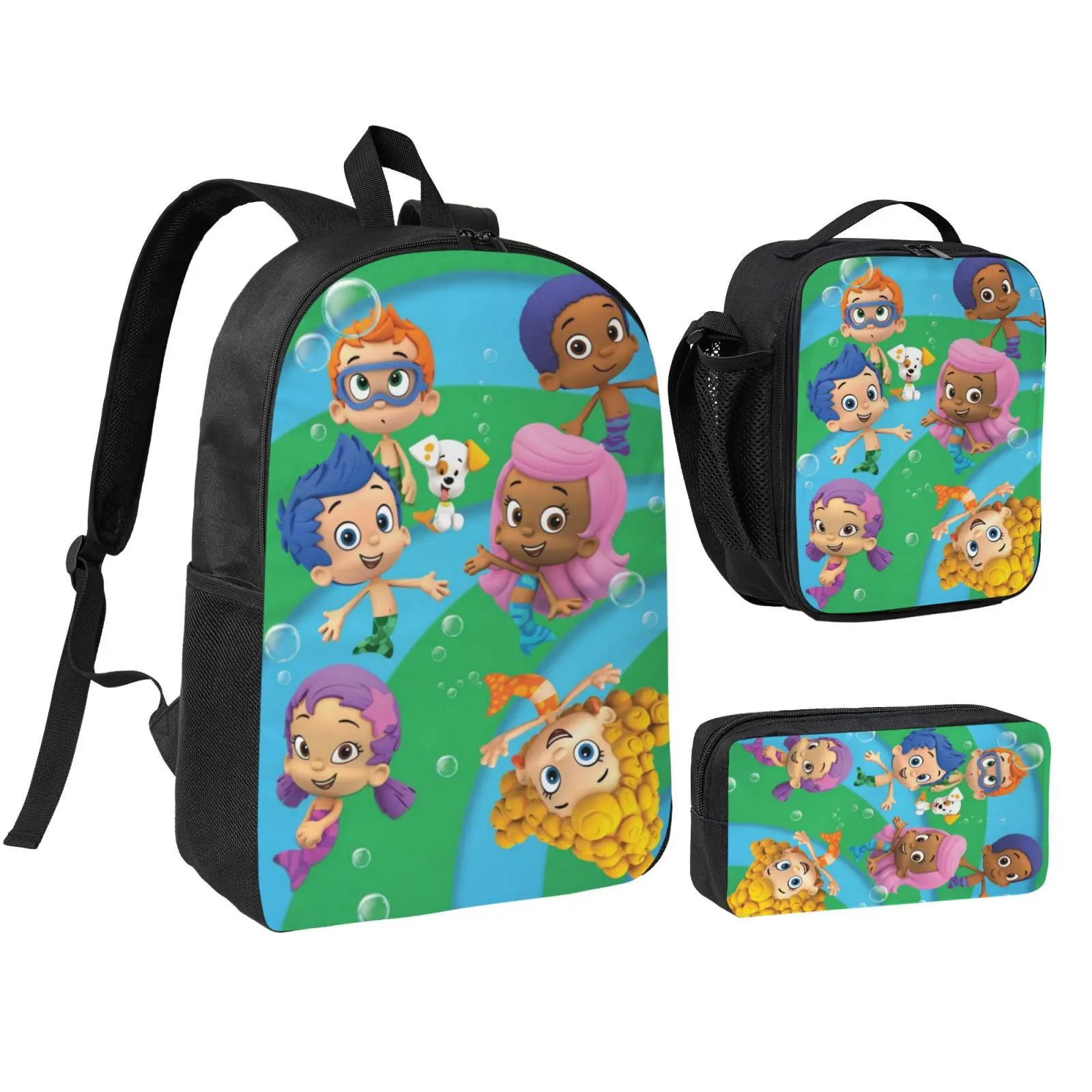 Anime Bubble Guppies3 backpack with lunch bag pencil box for Teen Girls Boys, 3pcs kids school bag with adjustable straps, office travel bag Bookbag lunchbox