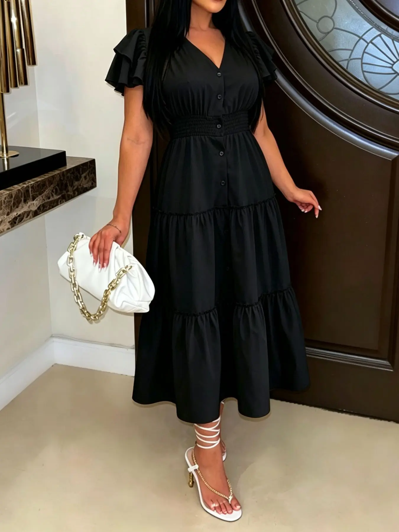 Women's New Summer Elegant Romantic Style Dress, Single Button V Neck Pleated Midi Dress, Casual Daily Commute Vacation Wear