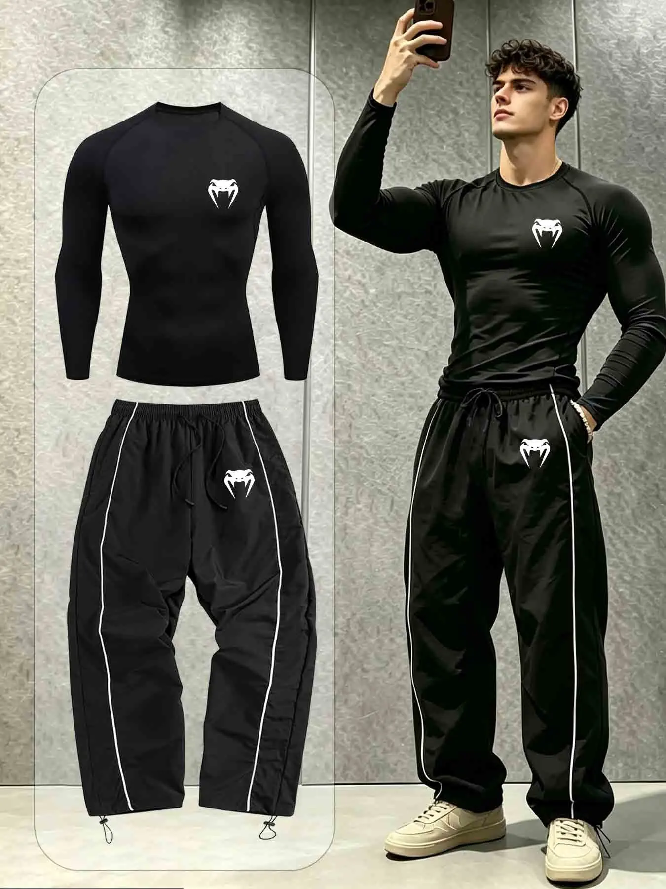 Snake Head Print Two-Piece Set, Fitted Long Sleeve Top with Loose Colorblock Pants, Adjustable Ankles, Sporty Style for All Seasons
