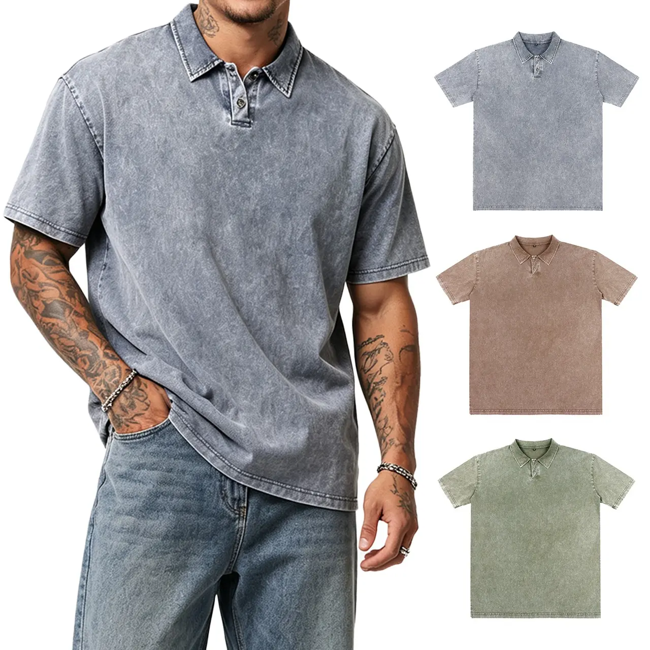 Men's Short Sleeve Basic Plain Polo Shirts, 2-3 Pack Vintage Washed Relaxed Cut Menswear Tops, Breathable Fade-Texture Fabric for Casual Streetwear, Solid Colors