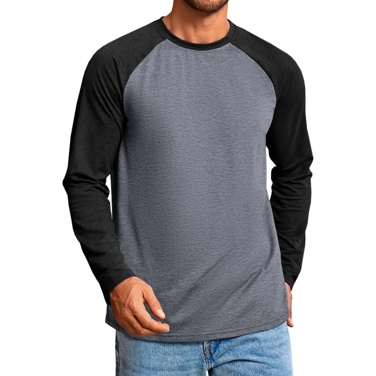 Aoysky Menswear Casual Fashion Clothing - Mens Raglan Longsleeves Crewneck Graphic T-Shirt, Lightweight Vintage Polyester Blend Breathable Tops, Graphic Print