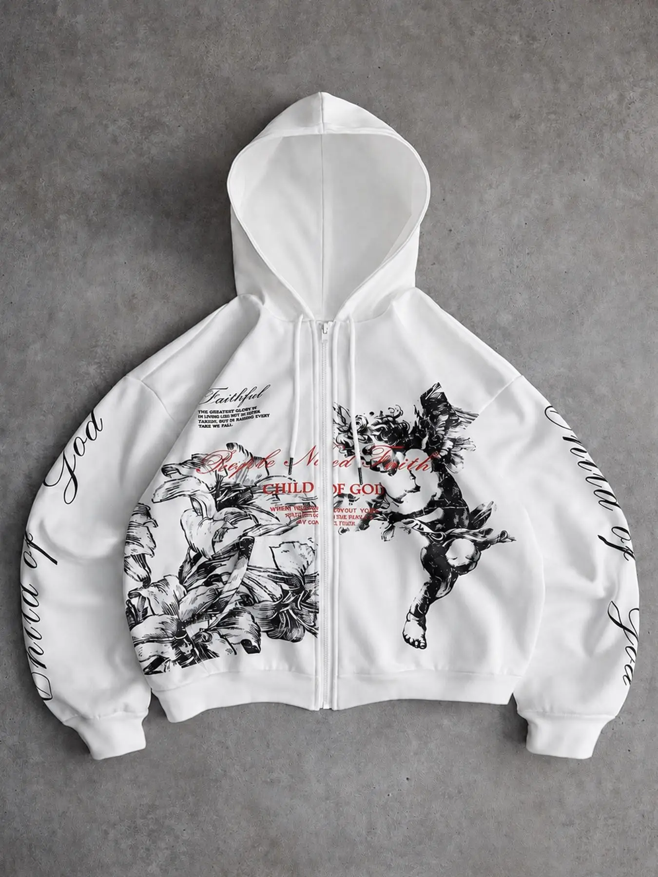 Men's Floral Print Hoodie, Full Zip Graphic Sweatshirt, Vintage Streetwear Hooded Jacket, Unisex Long Sleeve Casual Coat