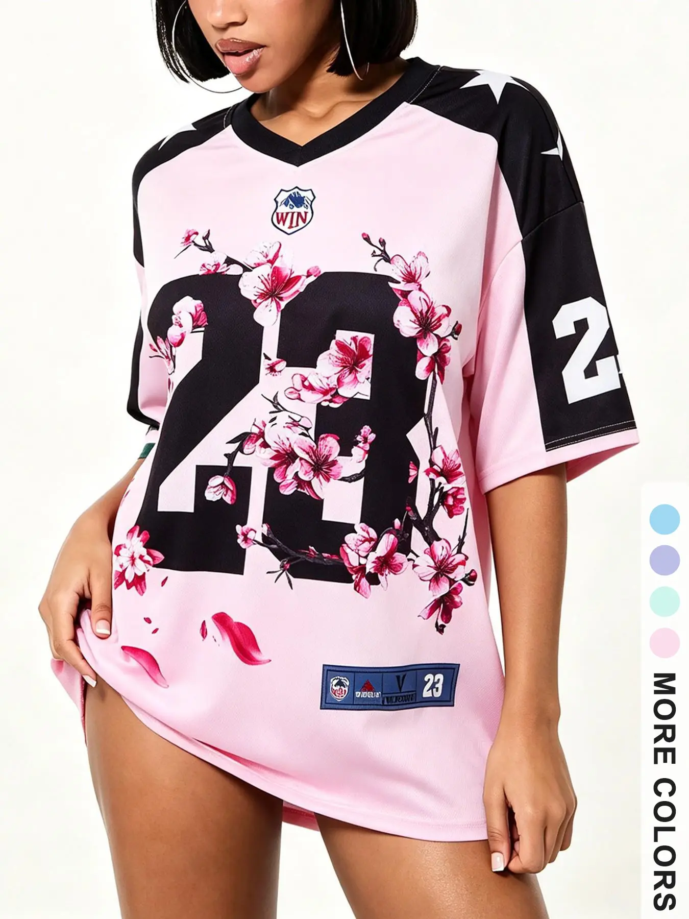 Women's Cherry Blossom 23 Pattern V-Neck Soccer Jersey, Y2K Street Style Short Sleeve Top, Summer Casual Wear