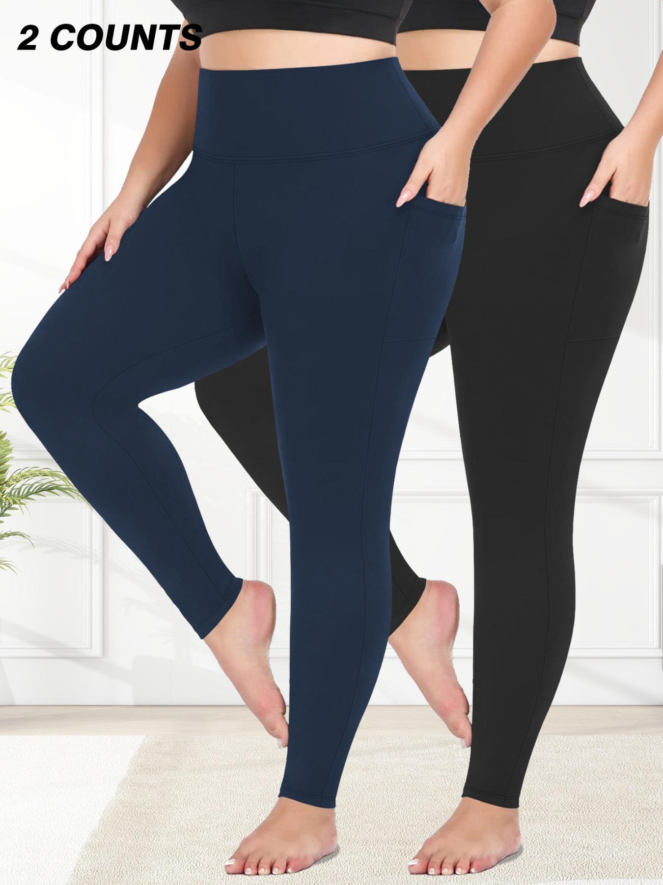 Plus Size Solid High Waist Pocket Leggings, Casual Comfy High Stretch Skin-friendly Skinny Pants for Women, Women's Bottoms for All Seasons