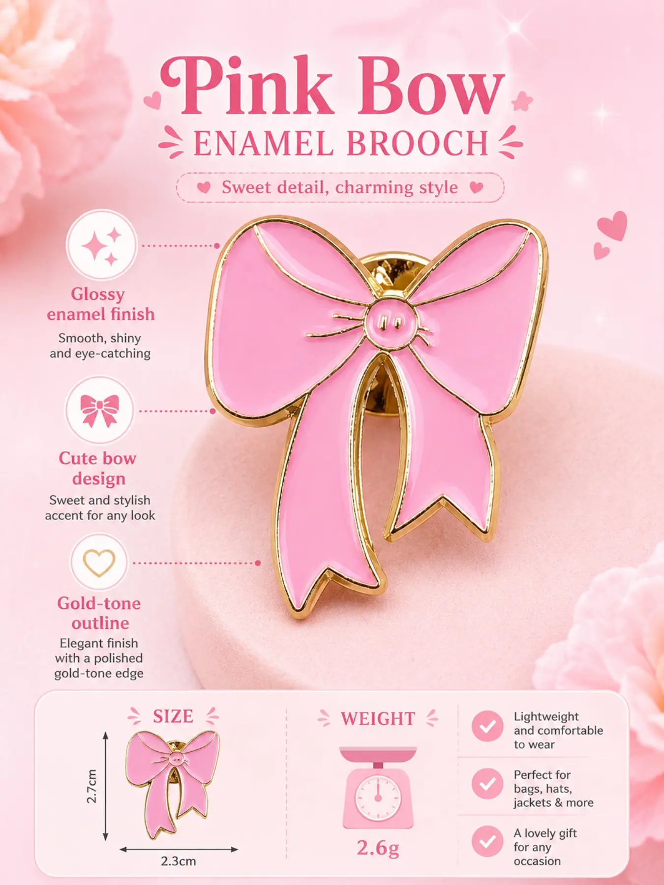Pink Bow, Enamel Brooch Lapel Pin, Gold Tone Alloy Hard Enamel, For Women Students Bow Lovers Pin Collectors, For Jackets Backpacks Tote Bags Sweaters Hats, Kawaii Coquette Pastel Aesthetic Style, Sweet Gift for Friends Sisters Fashion Lovers