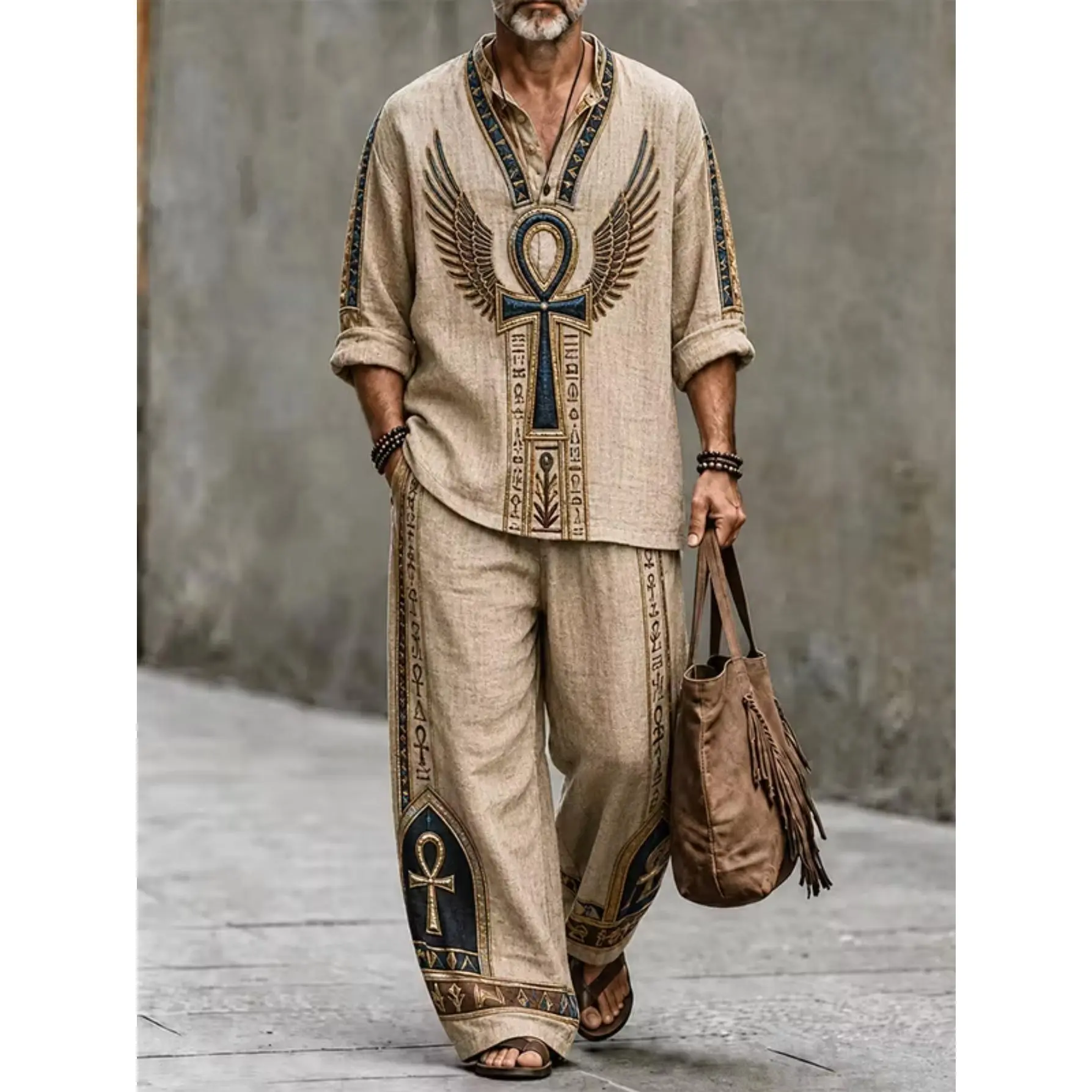 Men's 2-Piece Ancient Egyptian Ankh Totem Print Outfit - Stand Collar Half-Button Shirt & Drawstring Wide Leg Pants Set, Loose Linen-Like Boho Vacation Menswear Suit