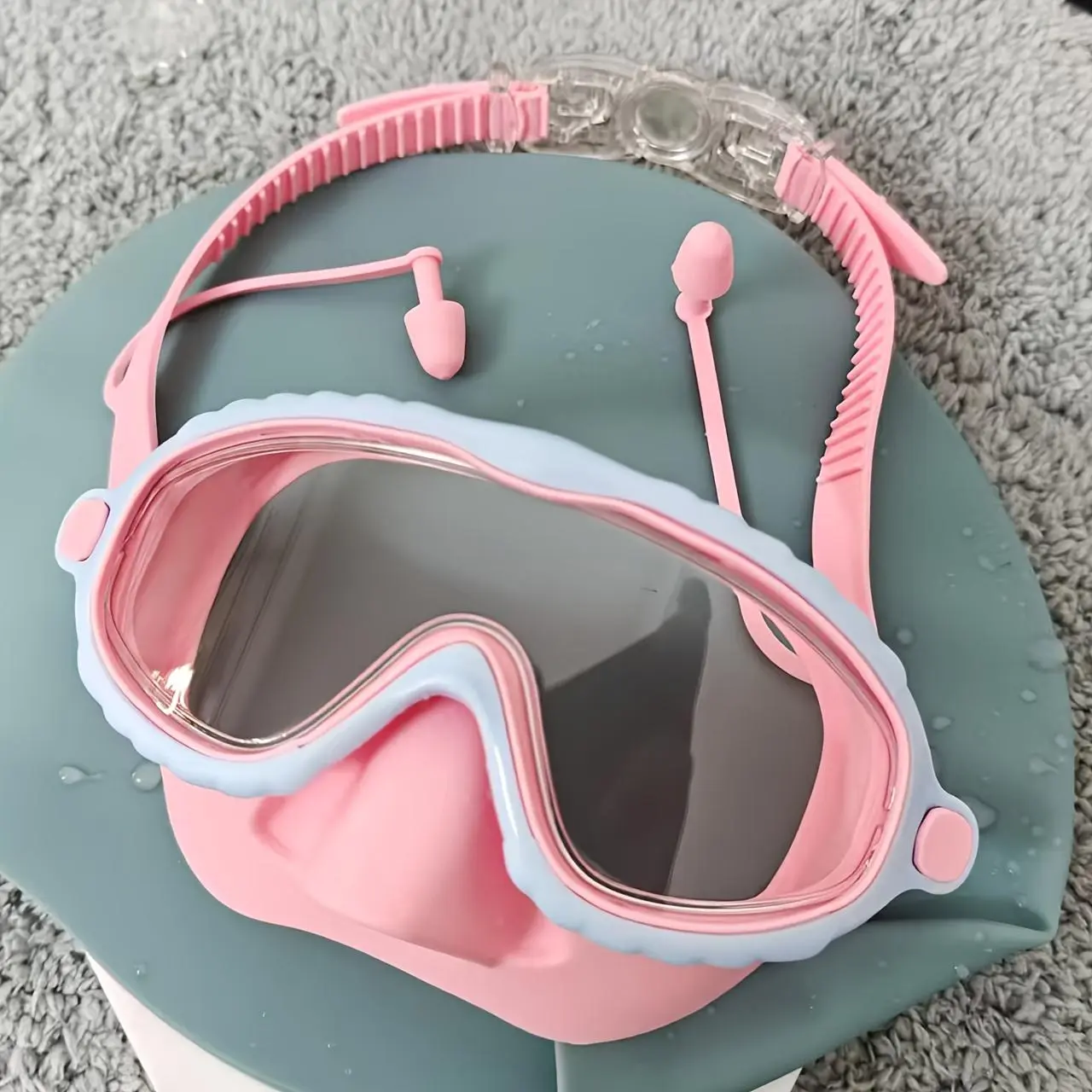 Oversized Anti-Fog Swim Goggles, High Definition Clarity, Strap And Comfort Cushions - Pink Frame with Blue Silicone Cushions, Safe for Outdoor Swimming, Beach, Pond, Stylish Swim Gear, Reliable Fit