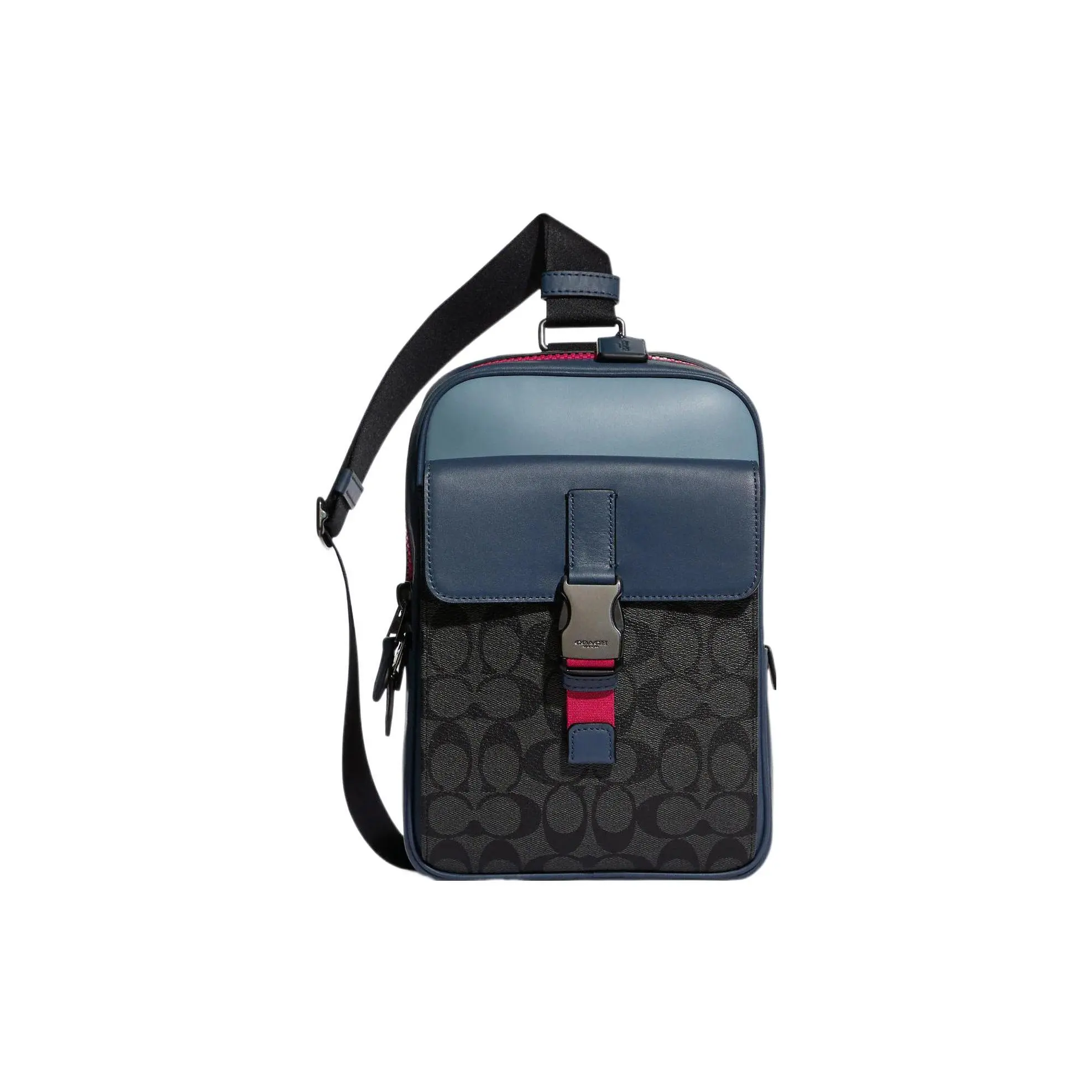 COACH Track 18 Classic Monogram Canvas Crossbody Bag – Unisex Small Size with Leather Zipper Accents and Adjustable Strap in Black and Blue