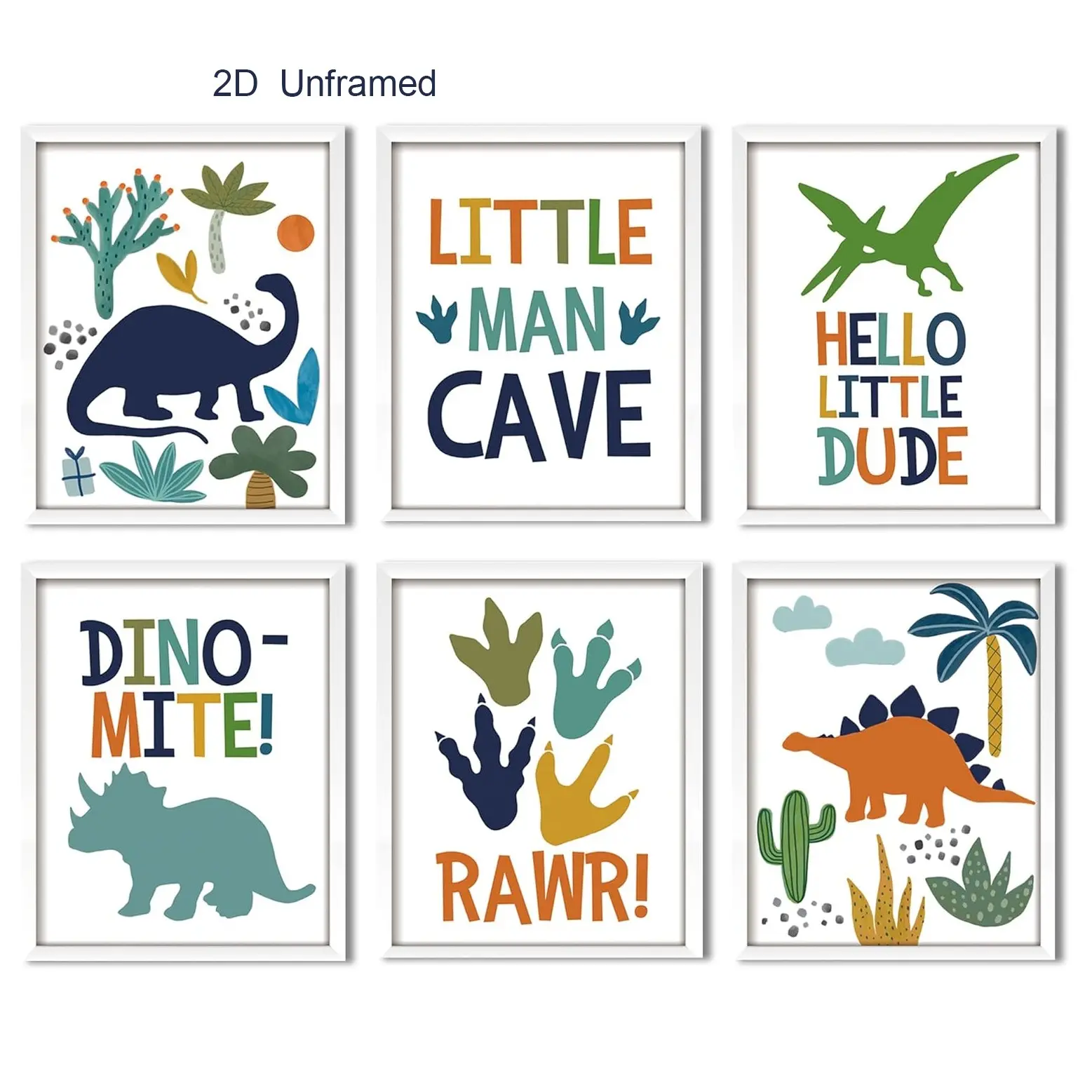 6-piece set, Dinosaur Nursery Decor Set, Dinosaur Wall Art (suitable for boys' rooms), Cute Nursery Wall Decor, Children's Playroom, Frameless 2D Canvas Art, Unframed Wall Art