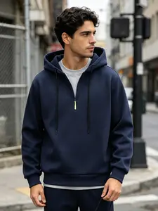Men's American Style Solid Half-Zip Hoodie, Loose Fit Drop Shoulder Casual Sweatshirt, Fall Winter Sports Jacket for Running Fitness