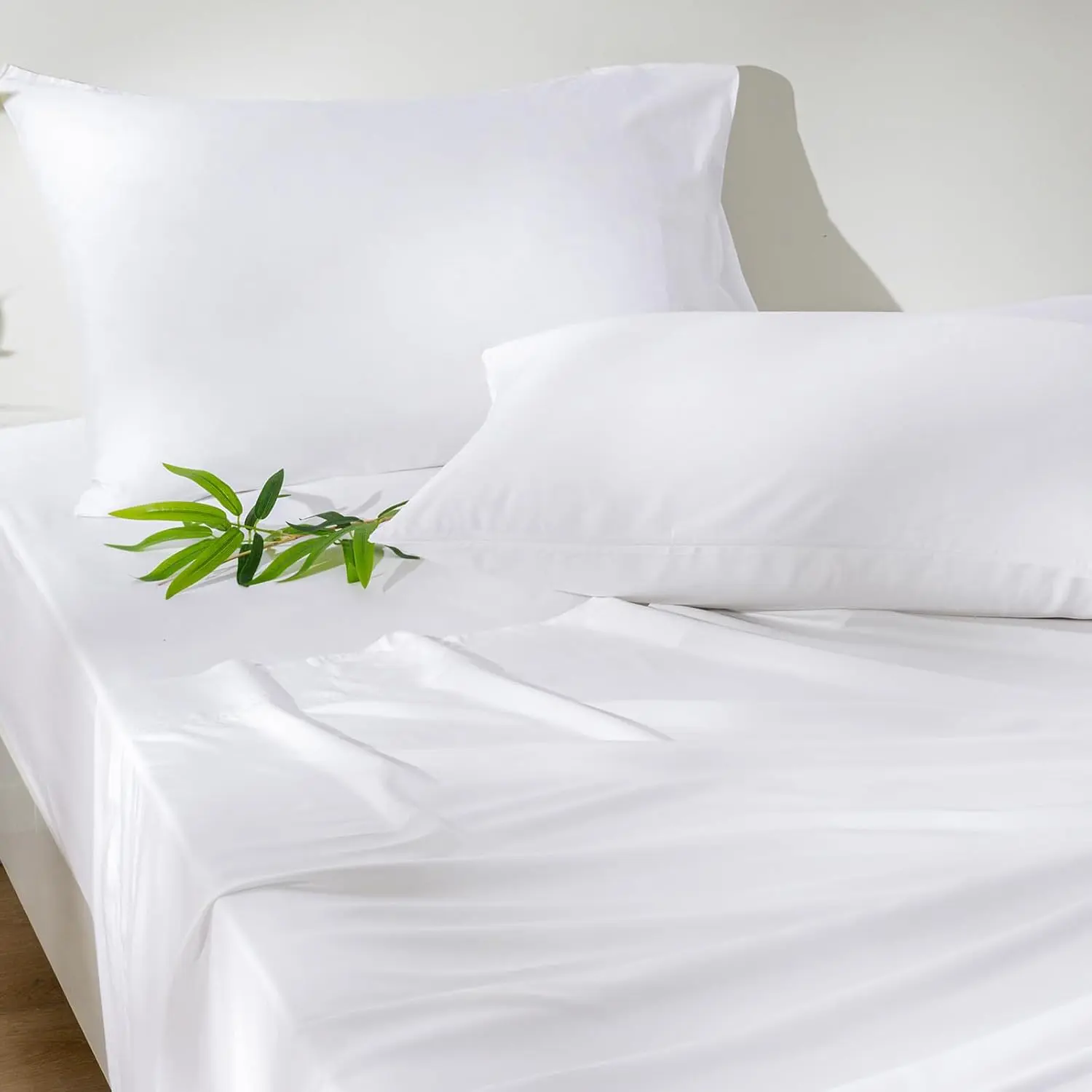 4 count  Rayon Derived from Bamboo_ Sheets Set  Size, Cooling Sheets for Hot Sleepers,  Elastic Band & 16" Deep Pocket, Luxury Silky Soft Breathable Bedding Set & Pillowcase, White