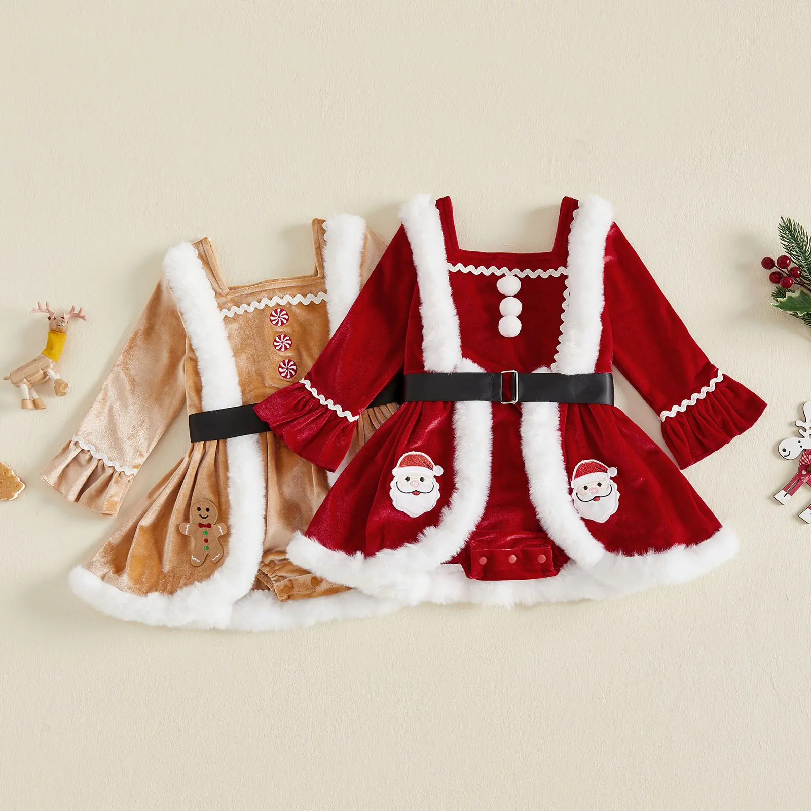 Infant Baby Girl Christmas Outfit Fuzzy Trim Velvet Long Sleeve Crew Neck Jumpsuit Gingerbread Man/Santa Costume