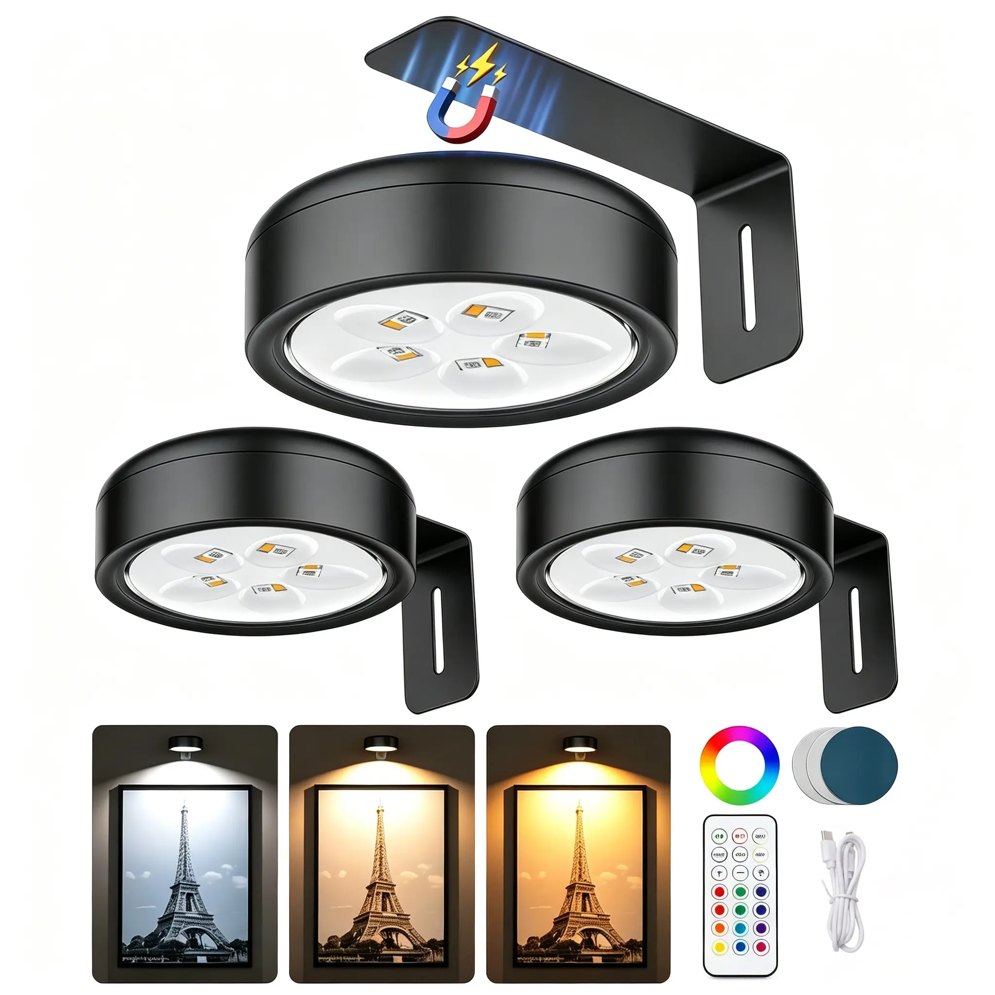 3 Wall Lamps, 1 Remote Control; LED Tap-to-Light; USB Rechargeable; RGB Dimmable; Two Installation Options: Magnetic and Drilled Mounting; For Hallways, Living Rooms, Entryways, Cabinets, and Picture Lighting; Decorative Indoor Lighting