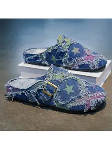 Unisex Vintage Frayed Denim Mule Clogs, Color Star Patchwork Buckle Slip On Slides, Retro Non Slip Rubber Sole Casual Walking Footwear