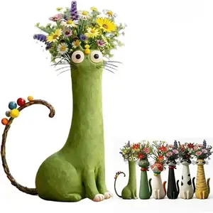 Handmade Vintage Bohemian Cat-Shaped Resin Vase, Lightweight Kitchen Plant Centerpiece, Creative Desktop Ornament Flower Pot, Ideal Gift for Cat Lovers Home Decor