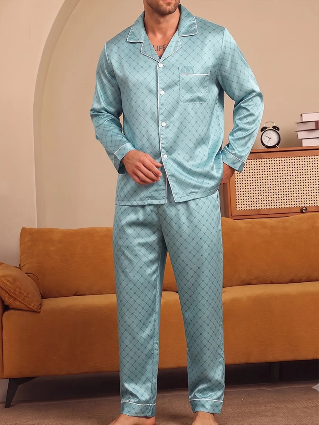 Men's Two-Piece Pajama Set, Long Sleeve Top + Pants, Grid Print Design, Casual Comfort, All-Season Wear, Ideal for Home Relaxation