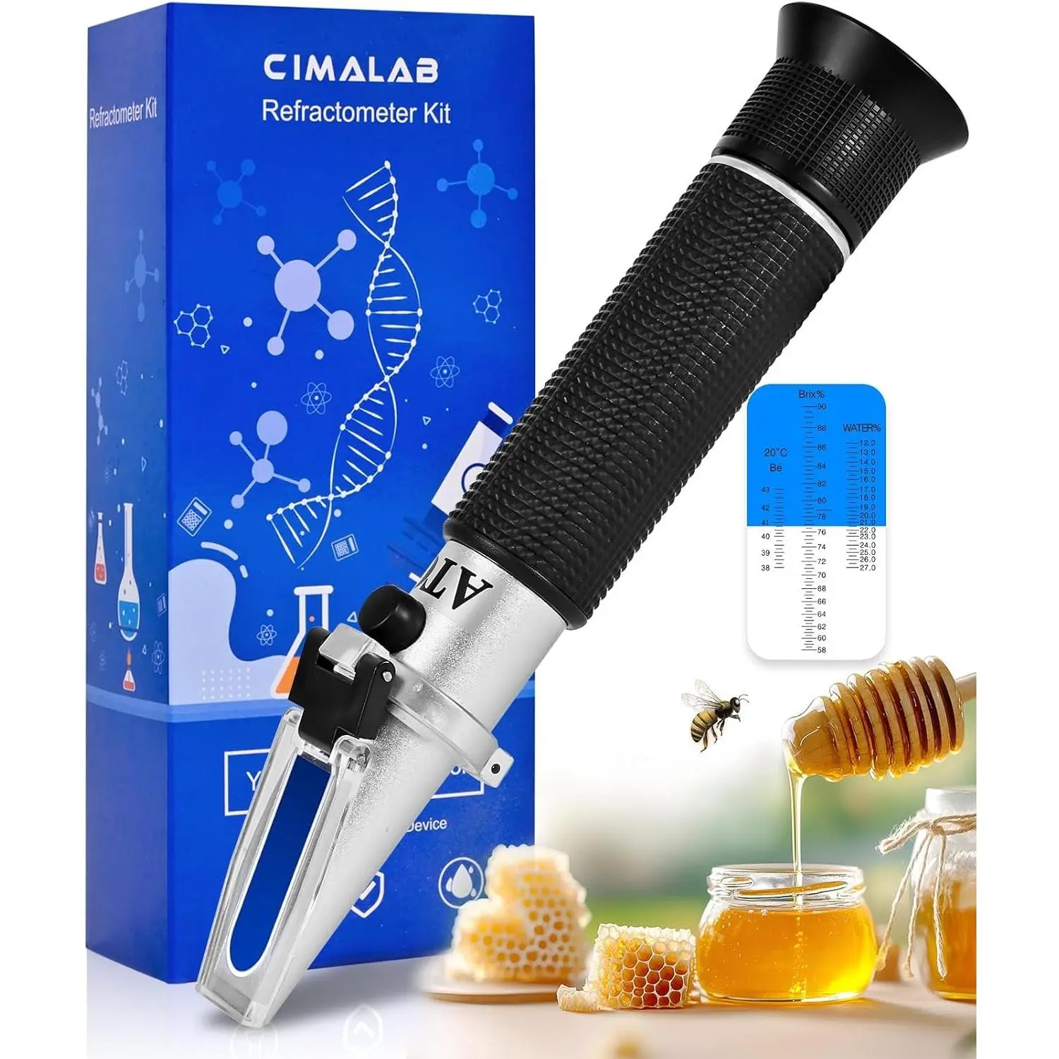 Honey Refractometer with ATC, Measures 12-27% Honey Moisture, 58-90% Brix, 38-43° Baume for Honey, Maple Syrup, Molasses, Fruit Jam