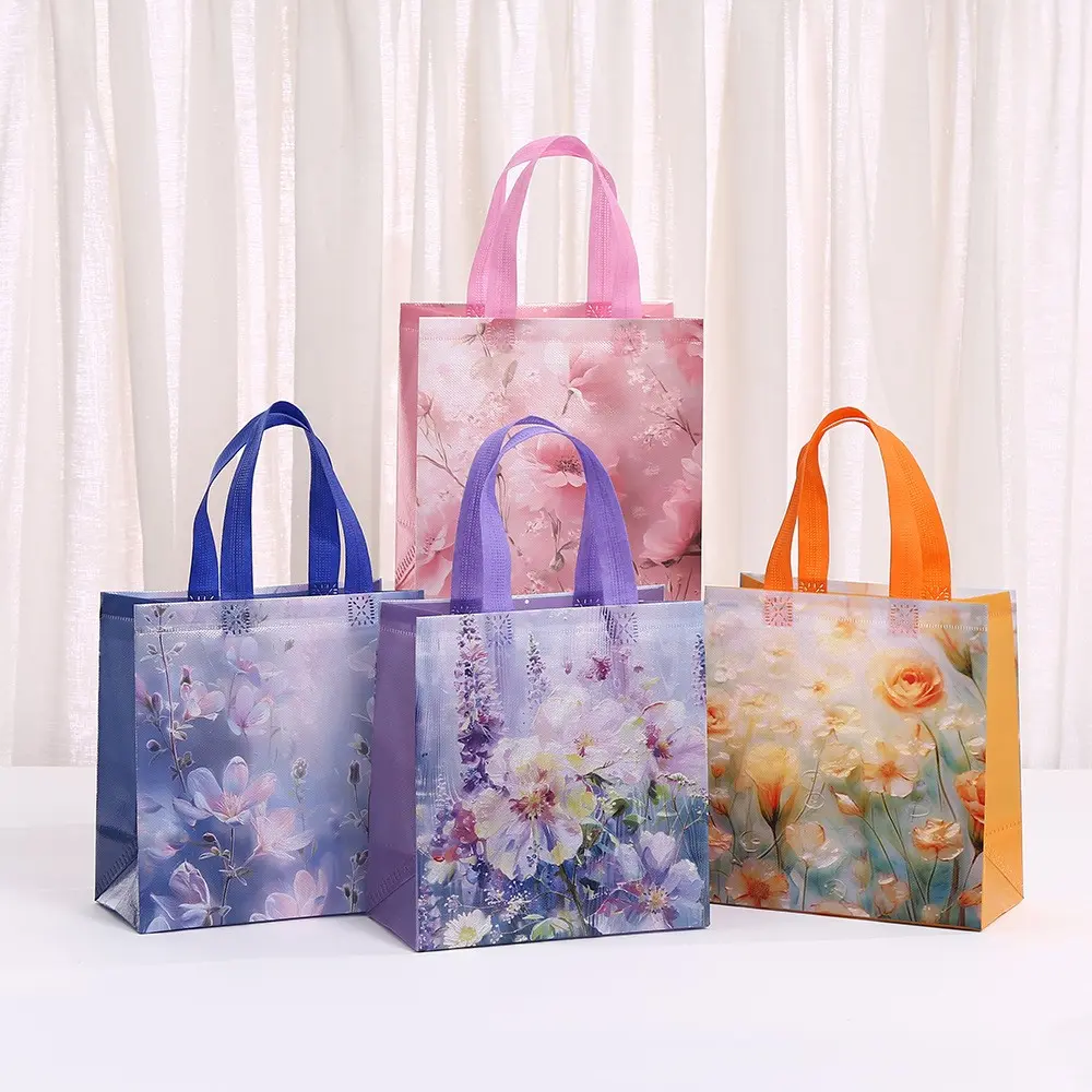 16pcs Non-Woven Gift Bags, Floral Gift Bags with Handles, Flower Gift Bags, Wedding Favors, Oil Painting Style, Sturdy Handles, Event Planners, Birthday Gifts, Decorative Packaging Bag,Shopping Bag