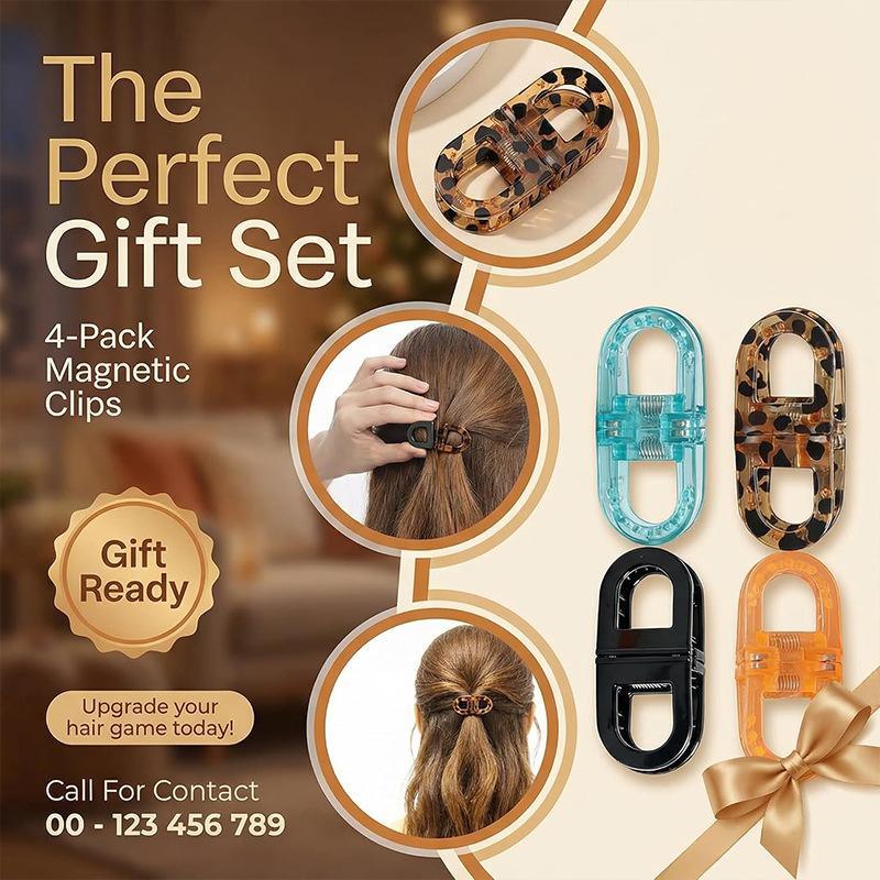 Magnetic Hair Clips, 4 Pack No-Slip Auto-Closure Hair Styling Clips for Women and Girls, Compact Portable Bow Design, Durable Material for All Hair Types