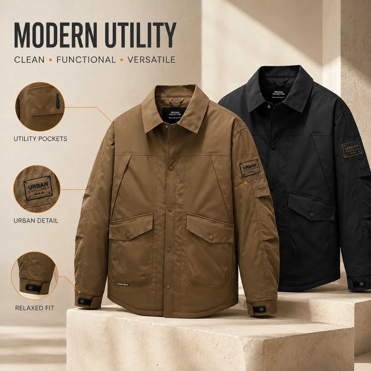 Men's Collared Utility Cargo Jacket, Casual Lightweight Multi-Pocket Work Outerwear