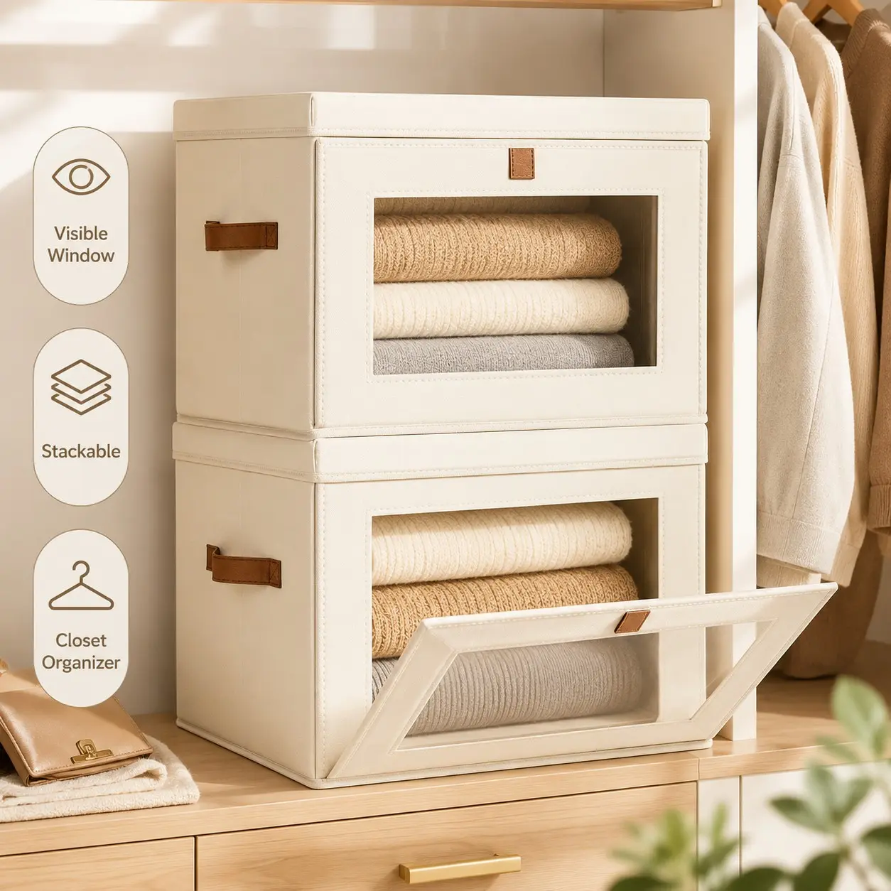 Foldable Fabric Storage Box with Transparent Lid, Stackable Closet Organizer with Handle, Ideal for Bedroom, Sweaters, Toys, Shoes, Home Organization
