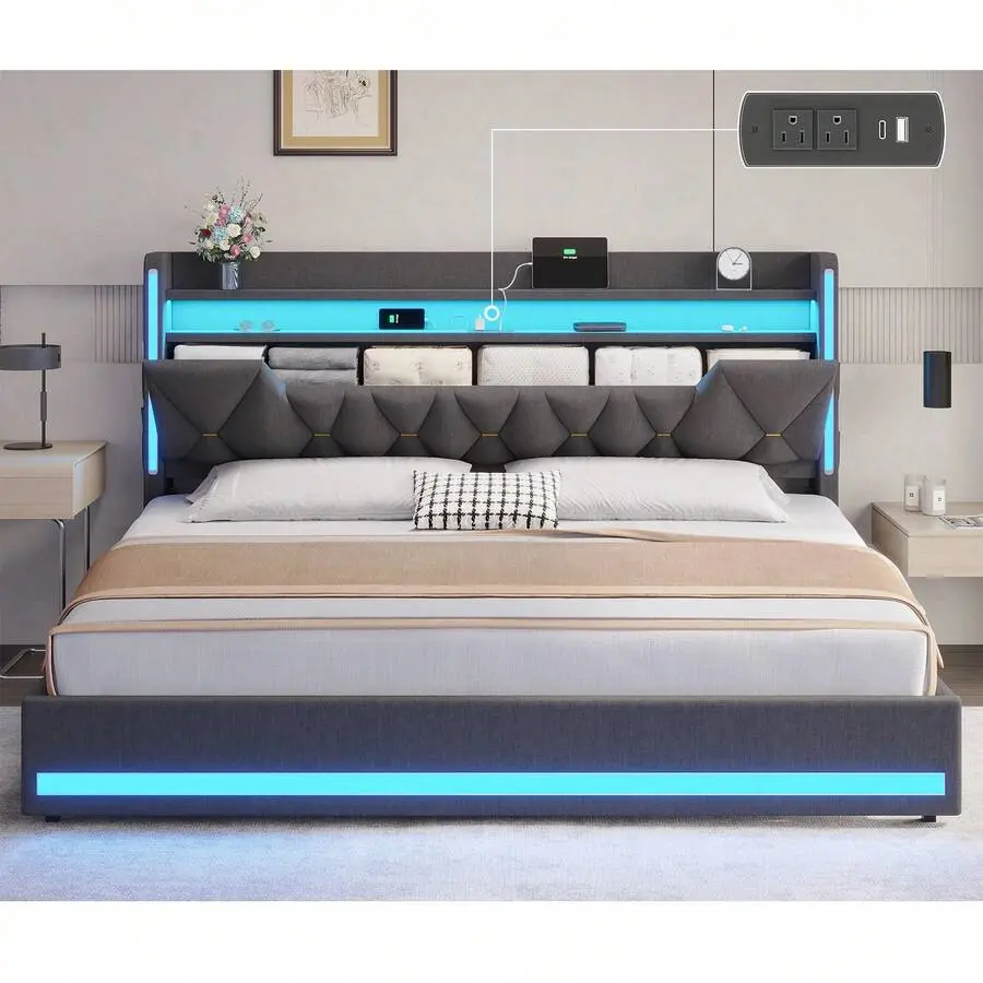 King Size Bed Frame With LED Lights & Charging Station, LED King Bed With Hidden Space And 2-Tier Shelves, Upholstered Metal Bed Frame With Headboard, No Box Spring Needed, Dark Gray, Linen
