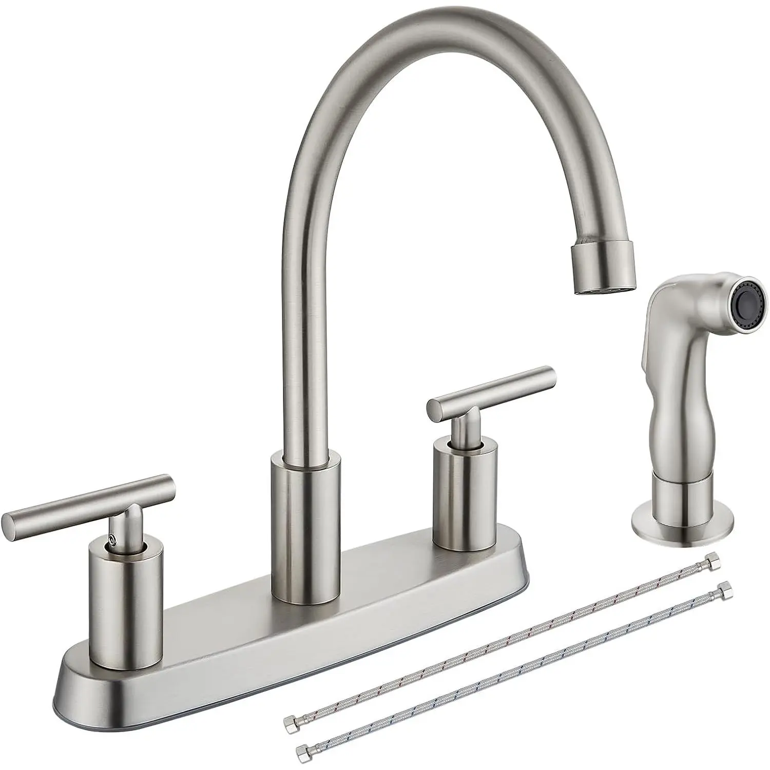 Kitchen Faucet with Side Sprayer, 2-Handle 4 Hole, Brushed Nickel |  Modern 8-Inch Centerset Kitchen Sink Faucet, High-Arc 360° Swivel Spout, 1.8 GPM, SUS304 Stainless Steel